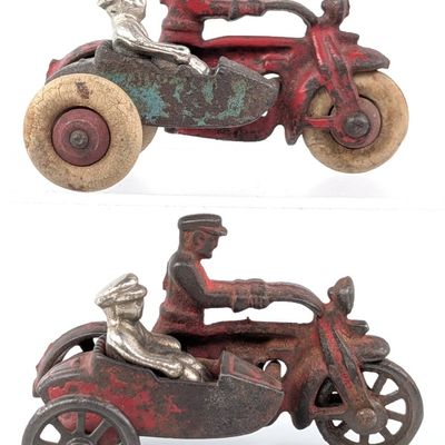 (2) Hubley Cast Iron Cop Motorcycle's with Sidecars