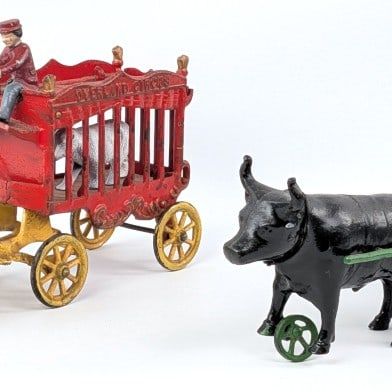 Cast Iron Overland Circus Wagon & Ox with Cart