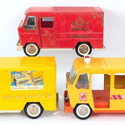 Buddy L School Bus, Royal Mail, and Sunshine Biscuits Truck