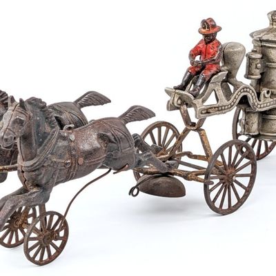 Hubley Cast Iron Horse Drawn Fire Pumper Wagon