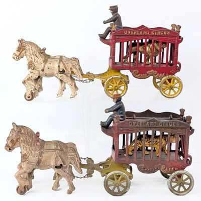 (2) Kenton Cast Iron Horse Drawn Overland Circus Animal Wagons