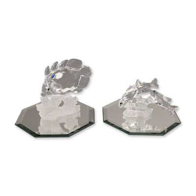 2pc Swarovski Silver Crystal Fish Figurines, Butterfly Fish and South Sea Fish with Mirror Bases