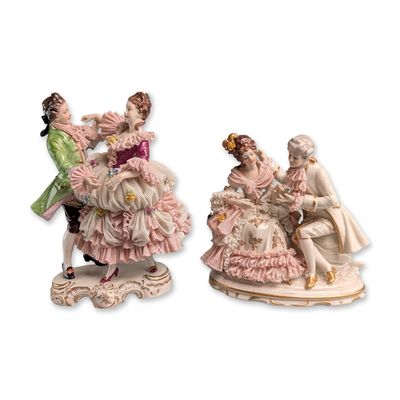 Sale Photo Thumbnail #311: 2pc Volkstedt and Dresden German Porcelain Lace Courting Figurines