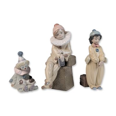 3pc Lladro Glazed Porcelain Jester and Pierrot Figurines - 01005203, 01006258 & 01005277