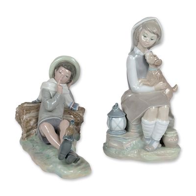 Sale Photo Thumbnail #438: 2pc Lladro Glazed Porcelain Figurines, Shepherd w/Bird 4730 and Girl with Lantern 910