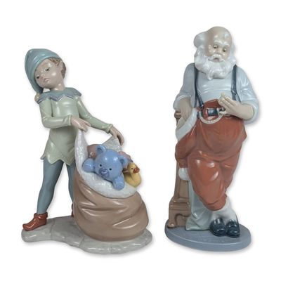 Sale Photo Thumbnail #242: 2pc Lladro Glazed Porcelain Santa Claus and Elf Figurines