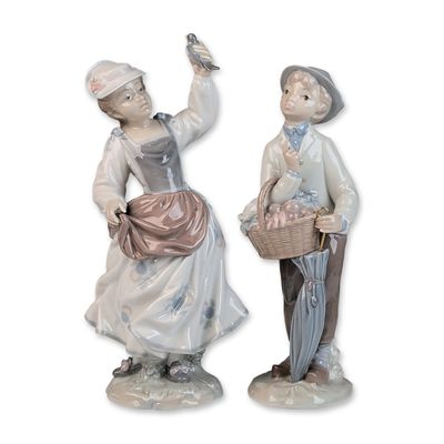 Sale Photo Thumbnail #423: 2pc Lladro Glazed Porcelain Figurines, Girl with Sparrow 01004758 & Little Gardner 01004726