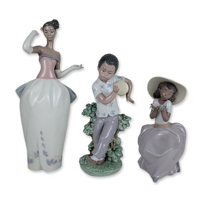 3pc Lladro Spanish Glazed Porcelain Figurines, Sharia, Bongo Beat, and Sweet Fragrance