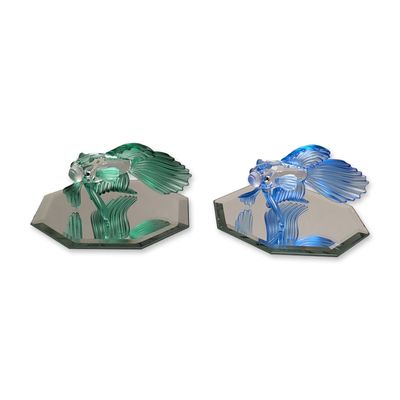 2pc Swarovski Silver Crystal Siamese Fighting Fish, Green and Blue with Mirror Bases
