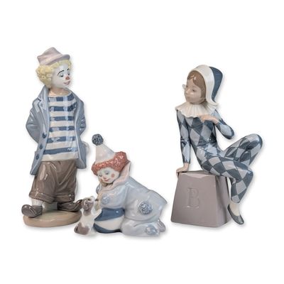 3pc Lladro Porcelain Pierrot, Harlequin & Clown Figurines, 01005278, 01005076 & 01007602
