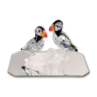 Swarovski Crystal Figurine, Puffins with Mirror Base