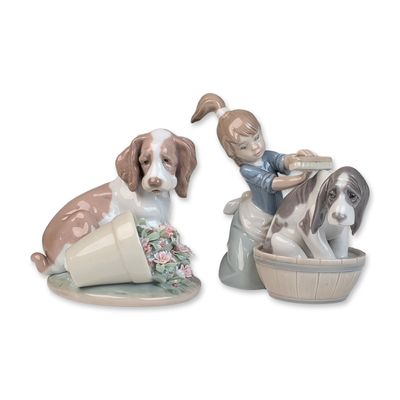 Sale Photo Thumbnail #390: Two Lladro Porcelain Canine Figurines, Bashful Bather 01005455 & It Wasn't Me! 01007672