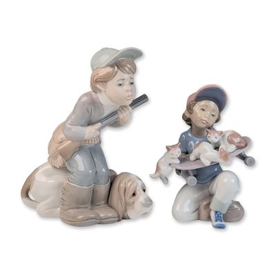 Sale Photo Thumbnail #414: Two Lladro Glazed Porcelain Figurines, Little Riders 01007623 & Hunter Puppet 01004971