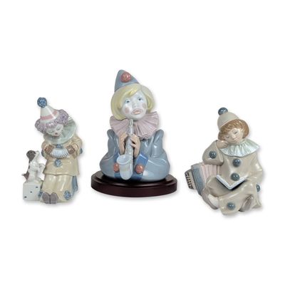 3pc Lladro Glazed Porcelain Clown Figurines