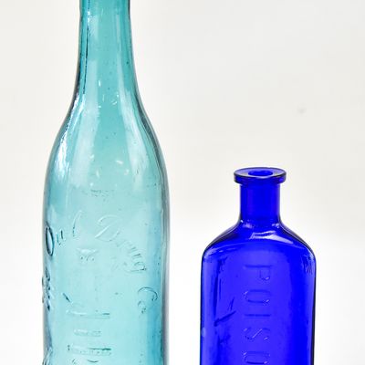 THE OWL DRUG COMPANY: COBALT BLUE POISON BOTTLE AND TEAL CITRATE OF MAGNESIA