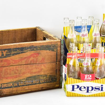PEPSI-COLA WOODEN CRATE, CARDBOARD CARRIERS, AND BOTTLES