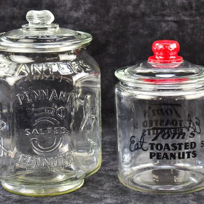 GLASS PEANUT JARS: PLANTERS PENNANT SALTED PEANUTS, TOM'S TOASTED PEANUTS