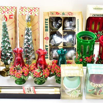 BOXED/UNBOXED CHRISTMAS DECORATIVE CANDLES, SHINY BRITE ORNAMENTS, AND MORE