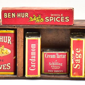 PRIMITIVE SPICE RACK WITH ASSORTED SPICES