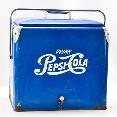 PROGRESS REFRIGERATOR COMPANY PEPSI-COLA BLUE-EMBOSSED METAL PICNIC COOLER