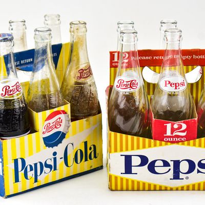 PEPSI-COLA GLASS BOTTLES AND CARDBOARD CARRIER PAIR
