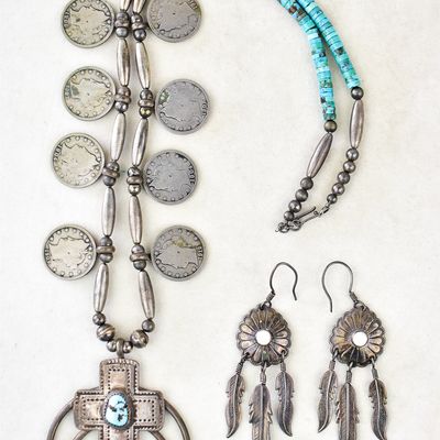 2-PC SOUTHWESTERN STERLING SILVER TURQUOISE SQUASH BLOSSOM COIN NECKLACE AND EARRINGS