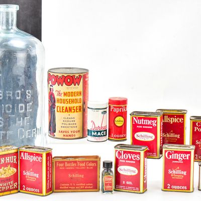 SPICE CONTAINERS, POW WOW CLEANER, AND NEWBRO'S HERPICIDE GLASS BOTTLE