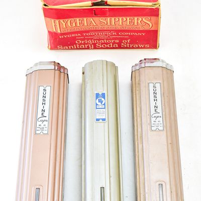 VINTAGE WALL MOUNTED PAPER CUP DISPENSER TRIO & BOX OF HYGEIA SIPPERS