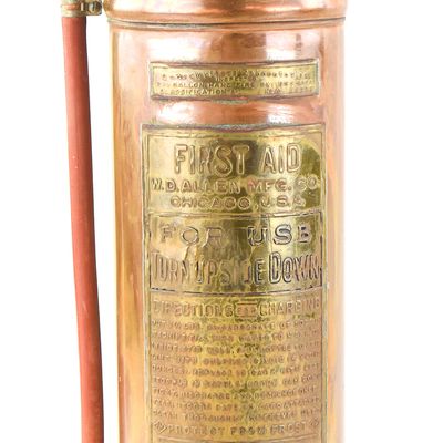 COPPER & BRASS PLATE SODA-ACID FIRE EXTINGUISHER, W.D. ALLEN MFG. CO., CIRCA EARLY 20TH CENTURY