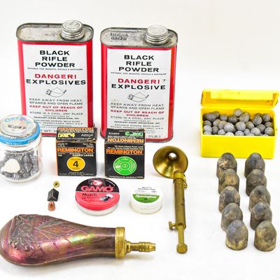 BLACK POWDER SUPPLIES, PROJECTILES, PERCUSSION CAPS, & POWDER FLASK