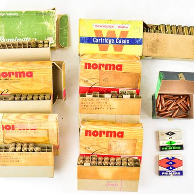 .308 NORMA MAGNUM & 30-06 AMMO & SPENT BRASS & .308 SPITZER BULLETS & PRIMERS