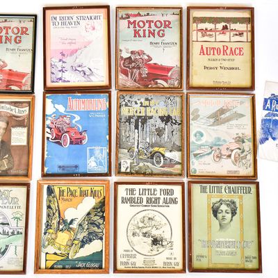 12 FRAMED AUTOMOBILE THEMED POSTERS & SHEET MUSIC COVERS