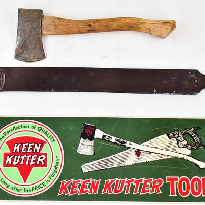 KEEN KUTTER ASSORTMENT: HATCHET, K67 RAZOR STROP, AND ADVERTISING SIGN