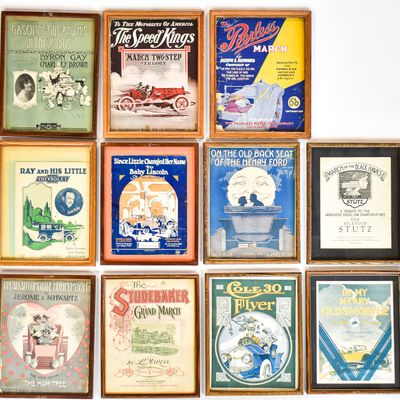 11 FRAMED AUTOMOBILE THEMED POSTERS & SHEET MUSIC COVERS