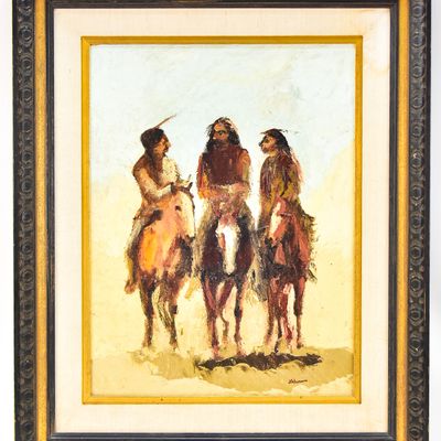 MARY ANN LEHMAN 'TRIO OF NATIVE AMERICAN HORSEMEN' OIL PAINTING