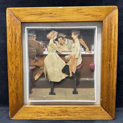 Vintage 3D Relief Wall Art Diner Counter Scene in Wooden Shadowbox Frame
