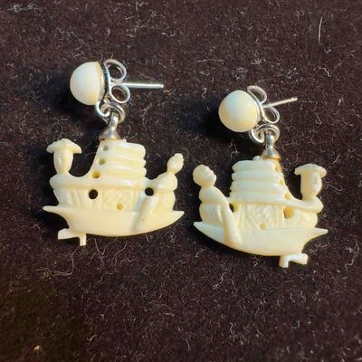 Sale Photo Thumbnail #444: Hand Carved Bone Boat Dangle Drop Earrings