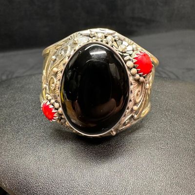 Sale Photo Thumbnail #341: Large Black Oval Stone Sterling Cuff