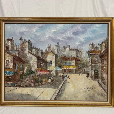 Large Original Oil Painting on Canvas framed Paris Street Scene Signed L. Basset