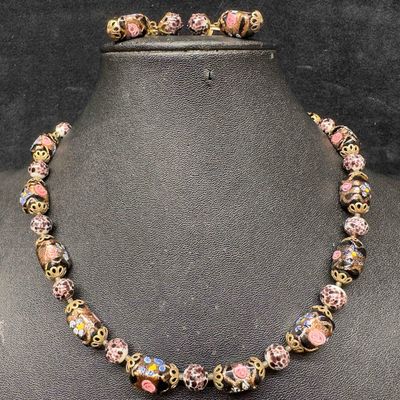 Murano Venetian Art Glass Lamp Work Black White Accents Floral Beaded Necklace and Earrings Set C58
