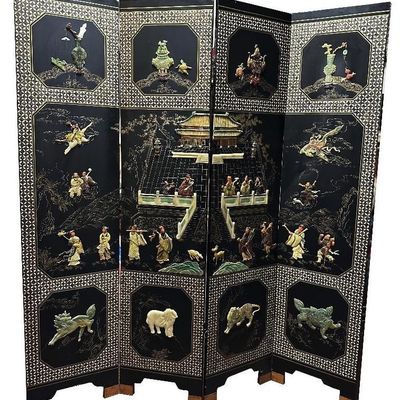 Sale Photo Thumbnail #192: 72" Tall 4-Panel Vintage Oriental Lacquer Screen