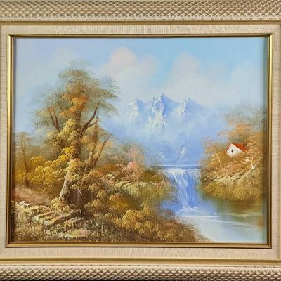 Sale Photo Thumbnail #451: JB Framed Oil On Canvas Mountain Scene