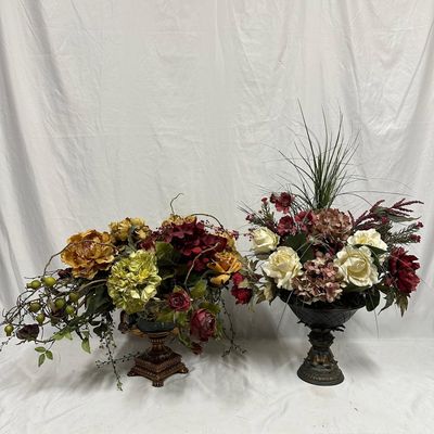 Sale Photo Thumbnail #380: Pair of Silk Style Decorative Floral Arrangements in Ornate Urn Vase Vessels Large