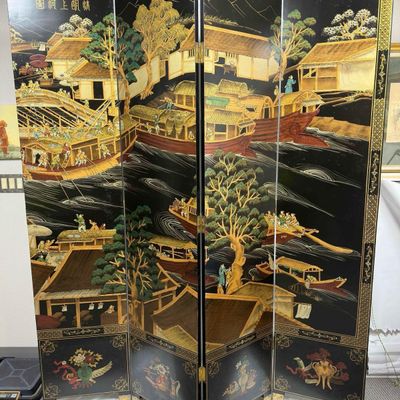 Sale Photo Thumbnail #418: Antique Chinese Folding Screen Four Panel Black Lacquer Gold Bamboo Floral Landscape 84" x 72"
