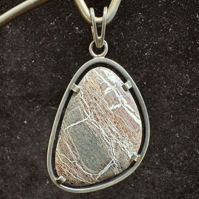 Sale Photo Thumbnail #392: Jasper Stone Tear Drop Shaped Silverwork Necklace Pendant
