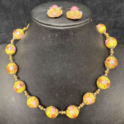 Murano Venetian Art Glass Lamp Work Yellow Floral Beaded Necklace and Earrings Set C51