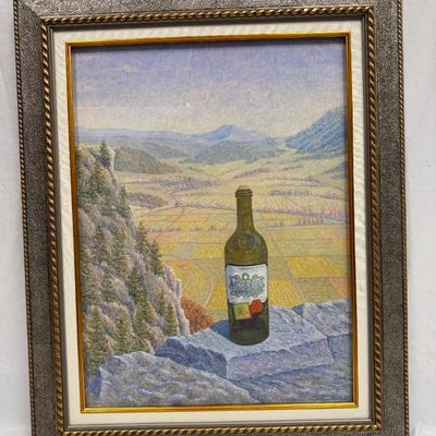 Christophe Cardot Surrealist Landscape with Absente Bottle Framed Original Oil Pastel