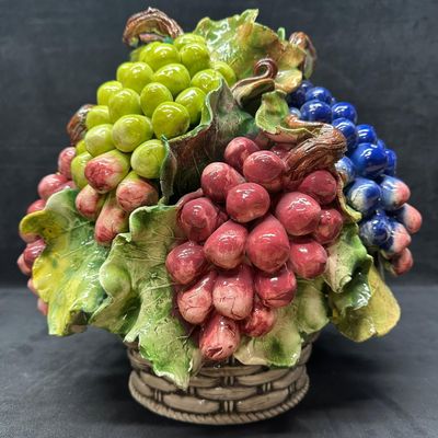Sale Photo Thumbnail #336: Italian Hand Painted Ceramic Grape Fruit Basket Centerpiece Italy Majolica or Capodimonte style