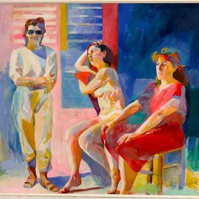 Maria Hadjiandreou Figural Women Composition Oil on Canvas 1982 Large