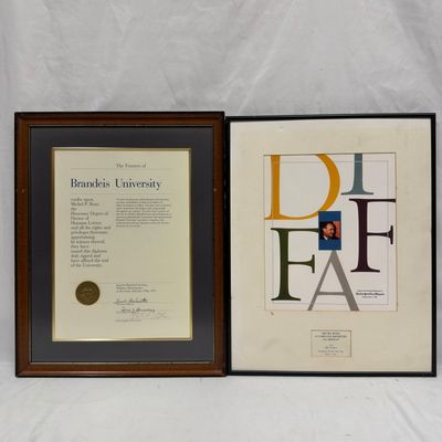 Sale Photo Thumbnail #155: Michel Roux Brandeis University Honorary Doctorate and 1992 DiRoNA Award Framed Pair